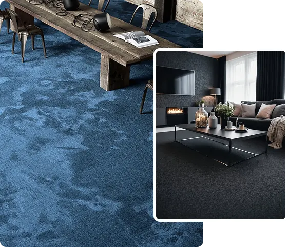 Blue marbled carpet and solid dark carpet contrast