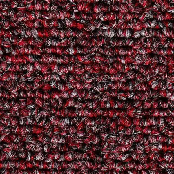 Close-up of red, black, and white textured loop pile fabric.