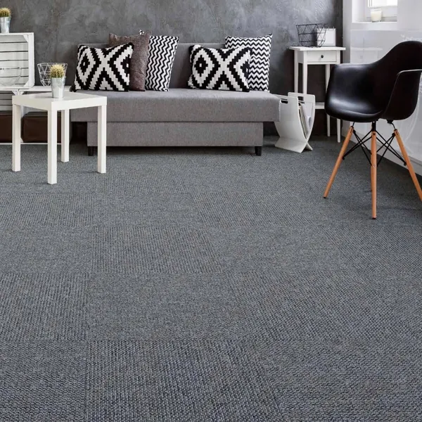 Grey grid-pattern carpet tiles in minimalist lounge