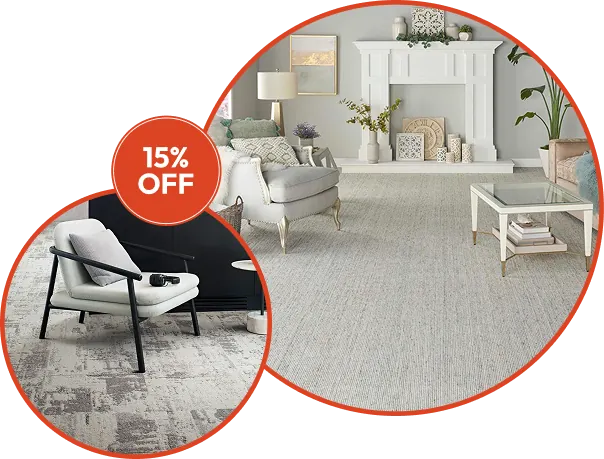 beige carpet and grey patterned carpet with 15% off label