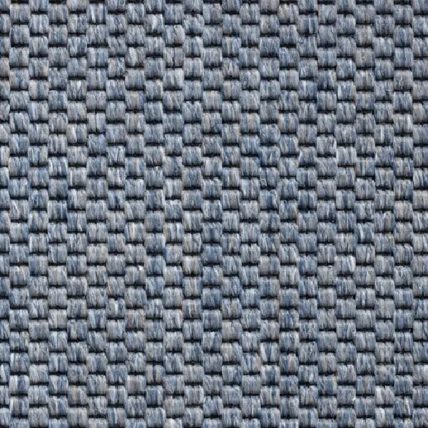 blue and gray woven propylene carpet with a basketweave pattern