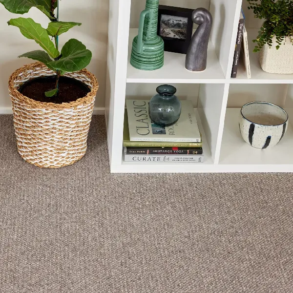 taupe wool carpet with a textured, subtle speckled appearance